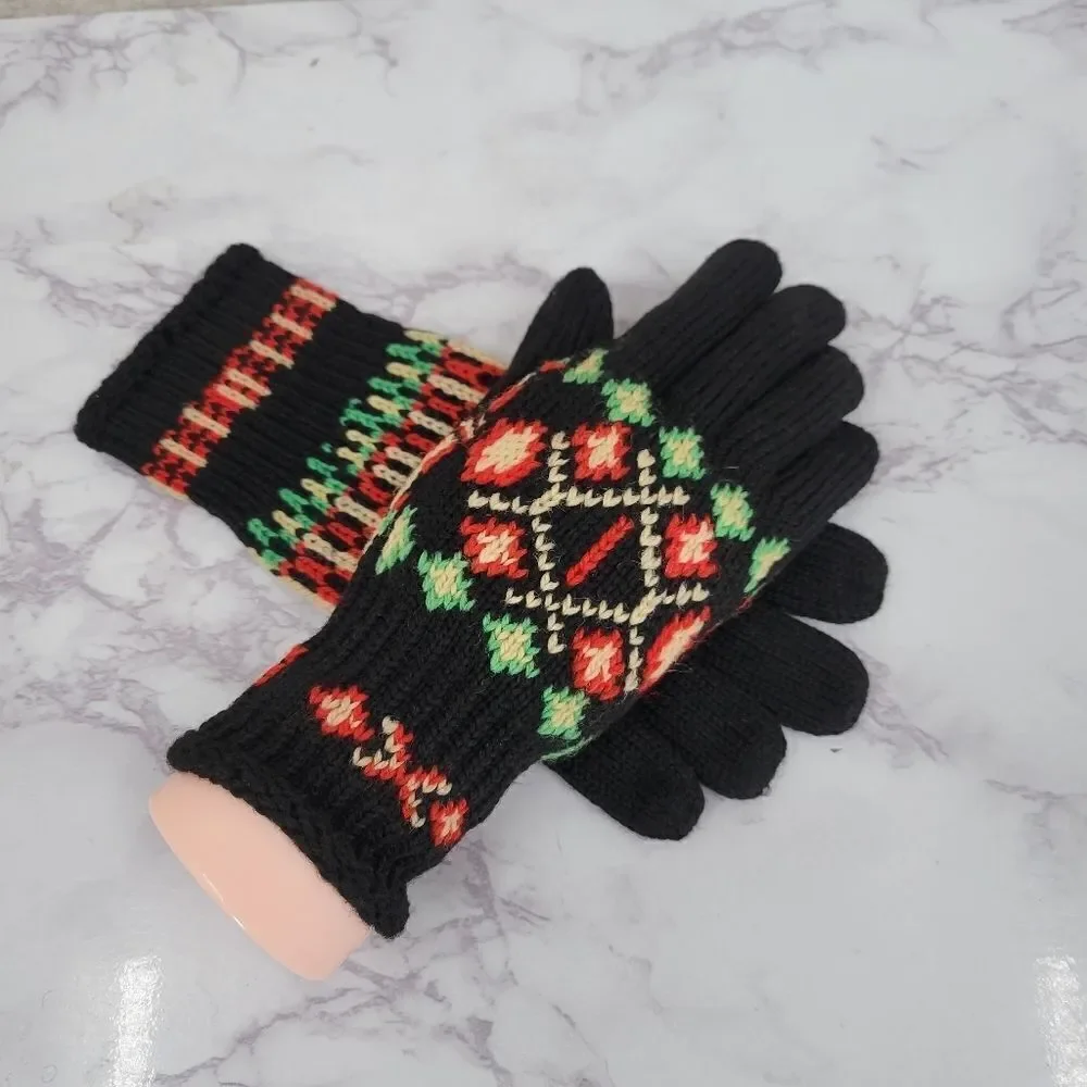 Vintage Handknit Gloves Black with Green Red Cream Nordic Fair Isle Designs